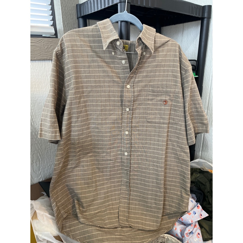 Duck‎ Head Mens Large L Button Down Shirt Tan Stripe Short Sleeve Casual